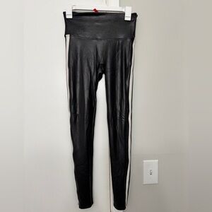 SPANX Shiny Black Leggings with white stripe